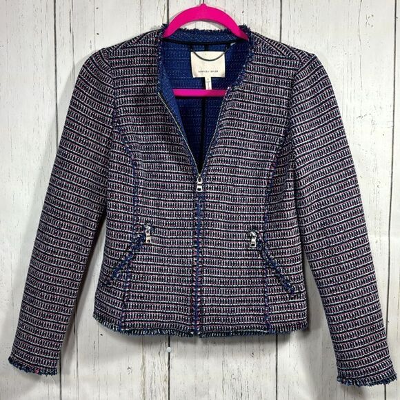 Rebecca Taylor Tweed Moto Jacket Navy Pink Zip Front Blazer Size 2 Preppy Office - Picture 5 of 16